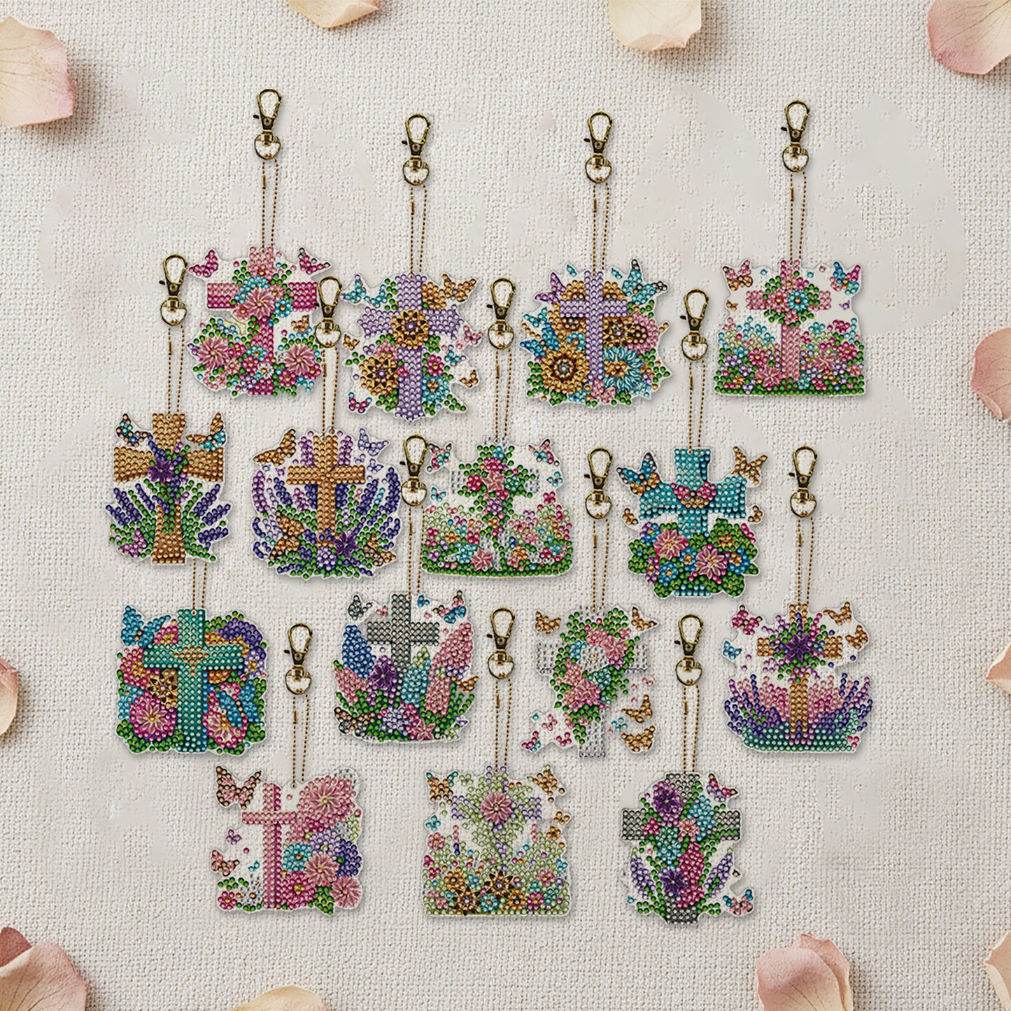 15Pcs Flowers Crosses DiY Double-Sided Diamond Art Keychain Ornament Party Decor