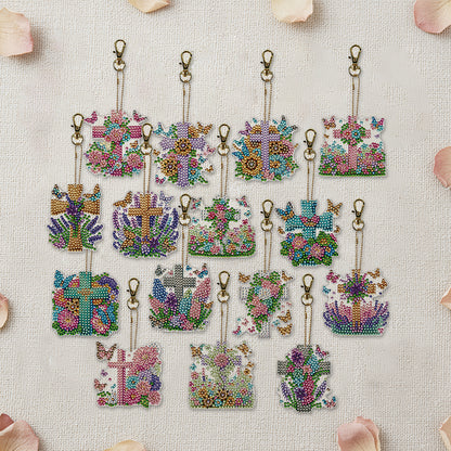 15Pcs Flowers Crosses DiY Double-Sided Diamond Art Keychain Ornament Party Decor
