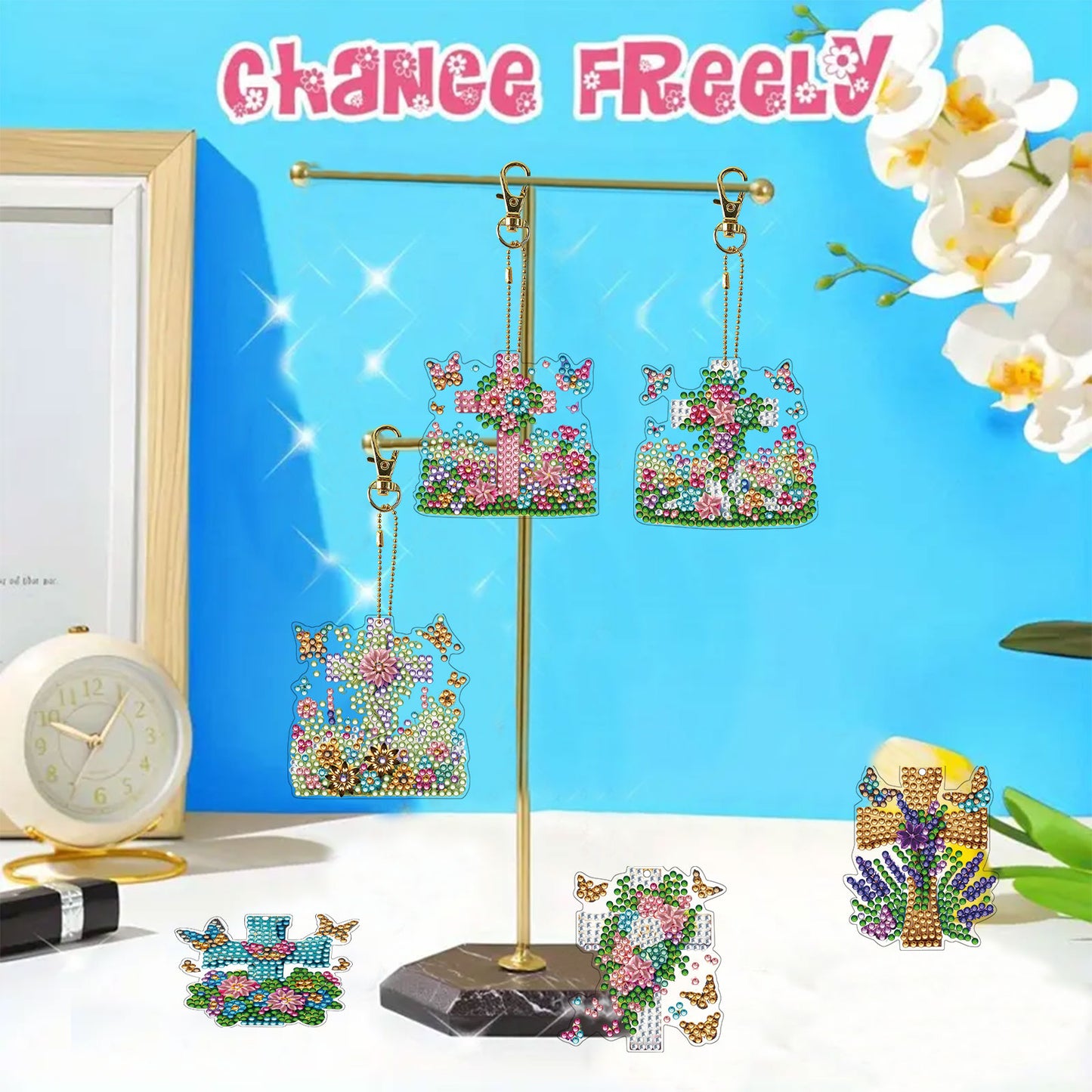 15Pcs Flowers Crosses DiY Double-Sided Diamond Art Keychain Ornament Party Decor