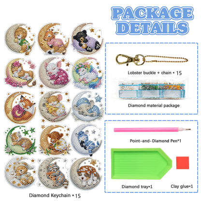15Pcs Goodnight Animal DiY Double-Sided Diamond Art Keychain Ornament Party Gfit