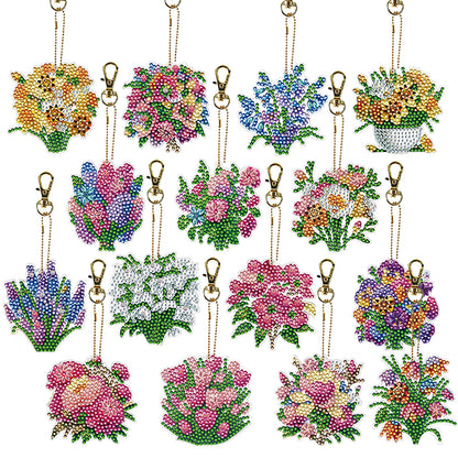 15Pcs Flowers DiY Double-Sided Diamond Art Keychain Ornaments Party Crafts Decor