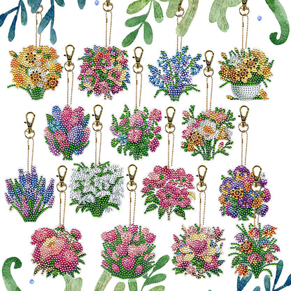 15Pcs Flowers DiY Double-Sided Diamond Art Keychain Ornaments Party Crafts Decor