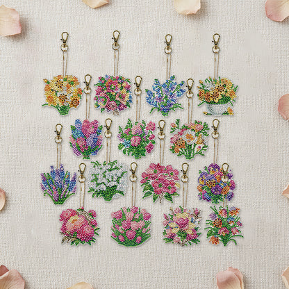 15Pcs Flowers DiY Double-Sided Diamond Art Keychain Ornaments Party Crafts Decor