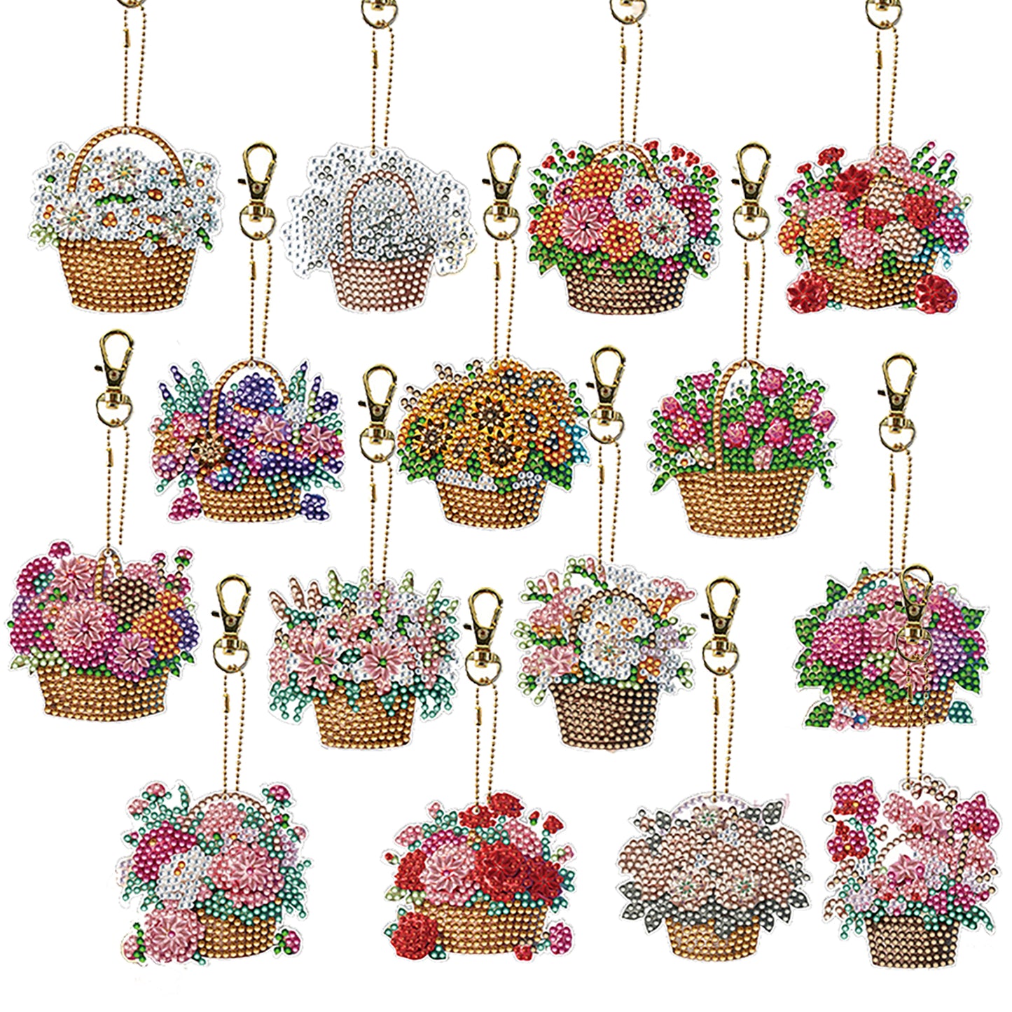 15Pcs Flower Basket DiY Double-Sided Diamond Art Keychain Ornaments Party Decor