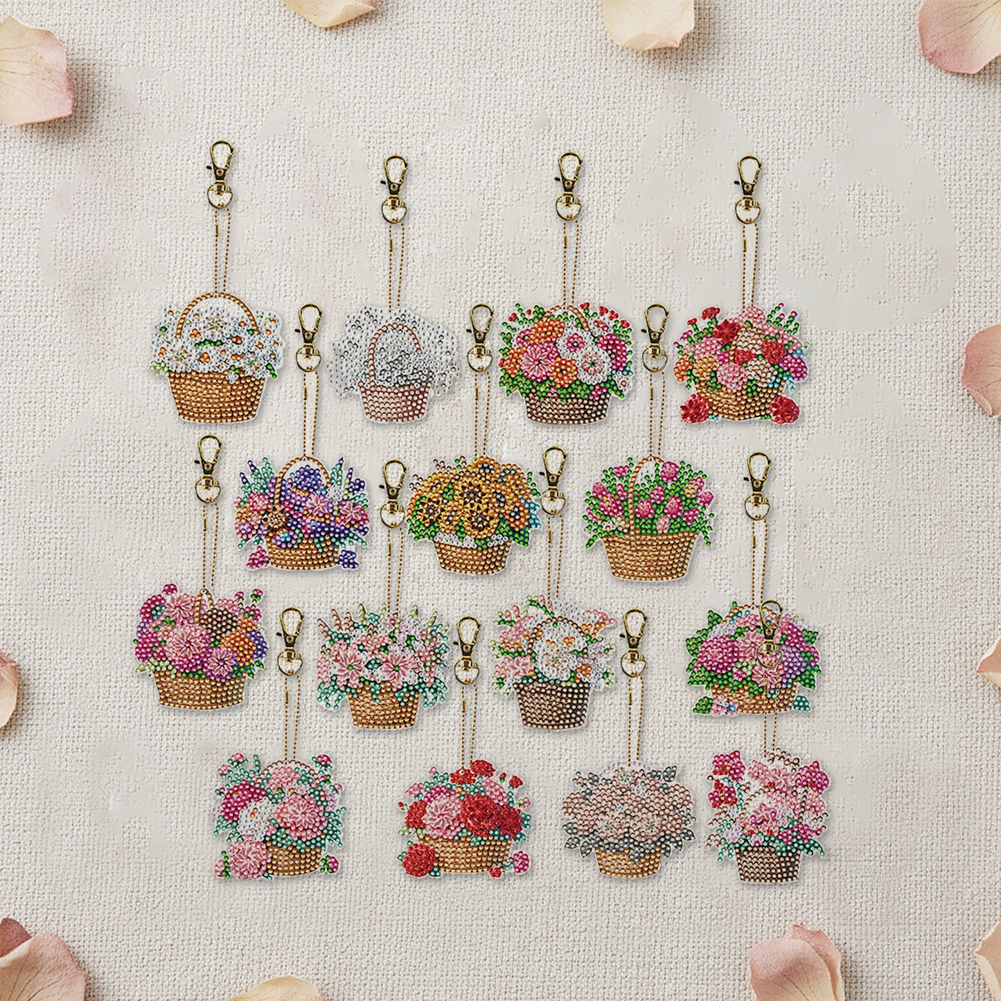 15Pcs Flower Basket DiY Double-Sided Diamond Art Keychain Ornaments Party Decor