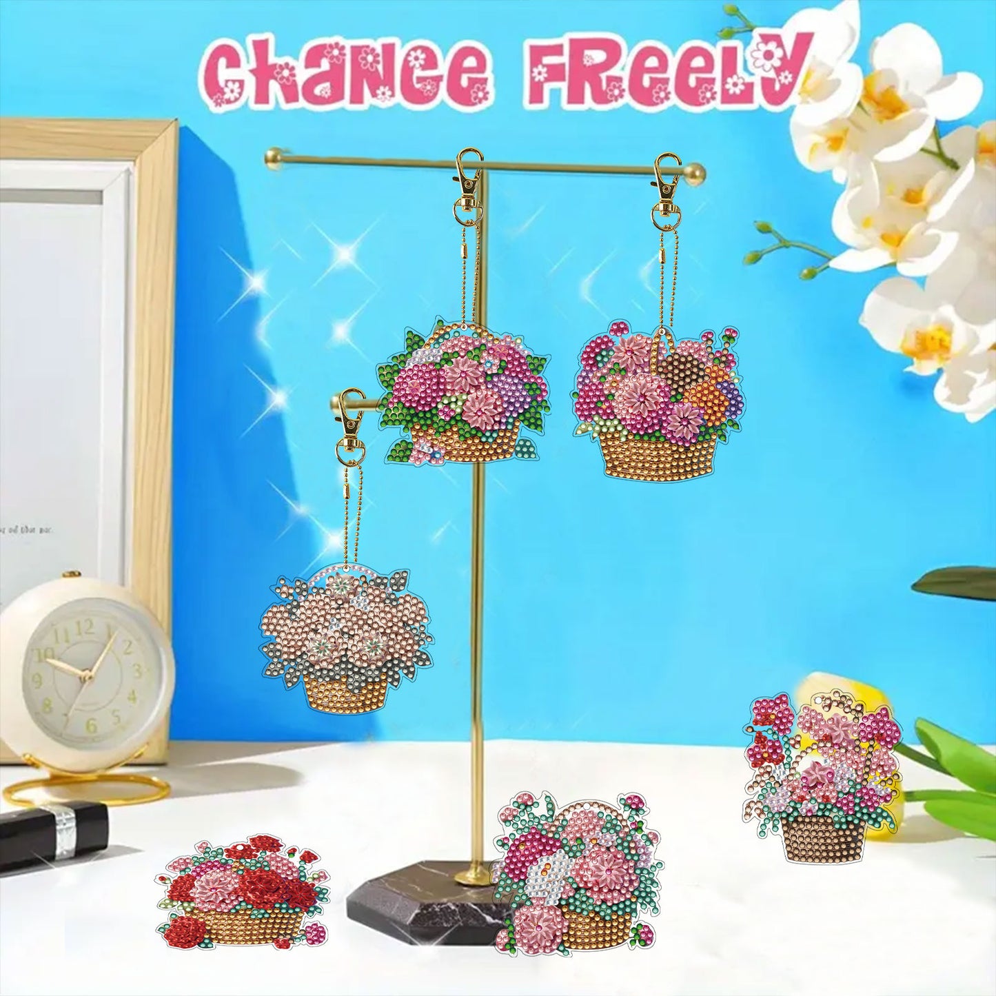 15Pcs Flower Basket DiY Double-Sided Diamond Art Keychain Ornaments Party Decor