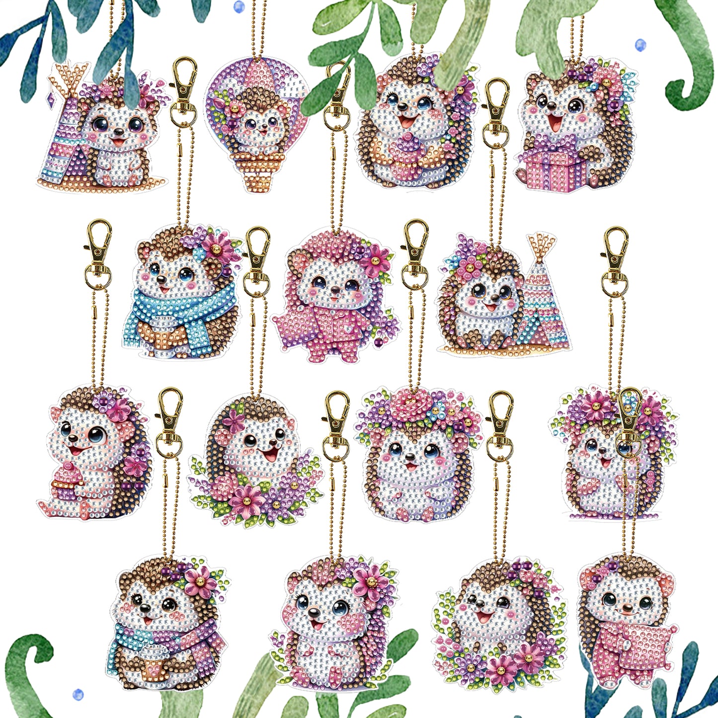 15Pcs Hedgehog DiY Double-Sided Diamond Art Keychain Ornament Party Crafts Decor