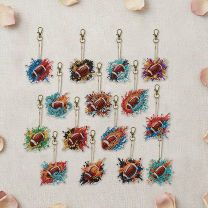 15Pcs Rugby DiY Double-Sided Diamond Art Keychain Ornaments Party Crafts Decor