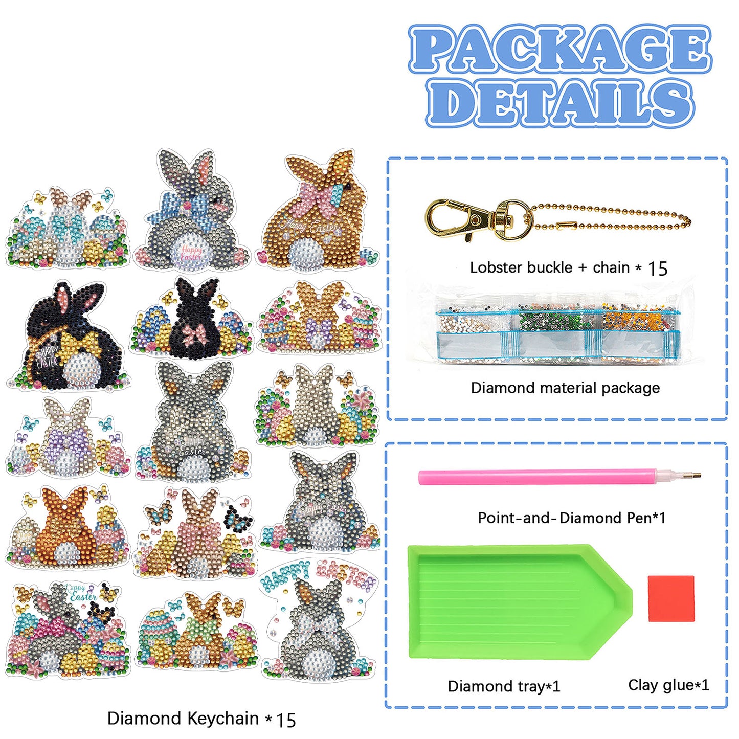 15Pcs Rabbit DiY Double-Sided Diamond Art Keychain Ornaments Party Crafts Decor