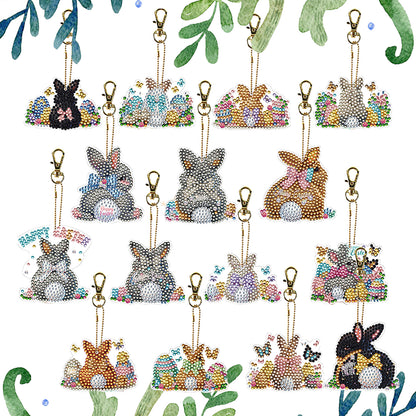 15Pcs Rabbit DiY Double-Sided Diamond Art Keychain Ornaments Party Crafts Decor