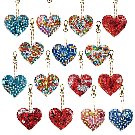 15Pcs Heart DiY Double-Sided Diamond Art Keychain Ornaments Party Crafts Decor