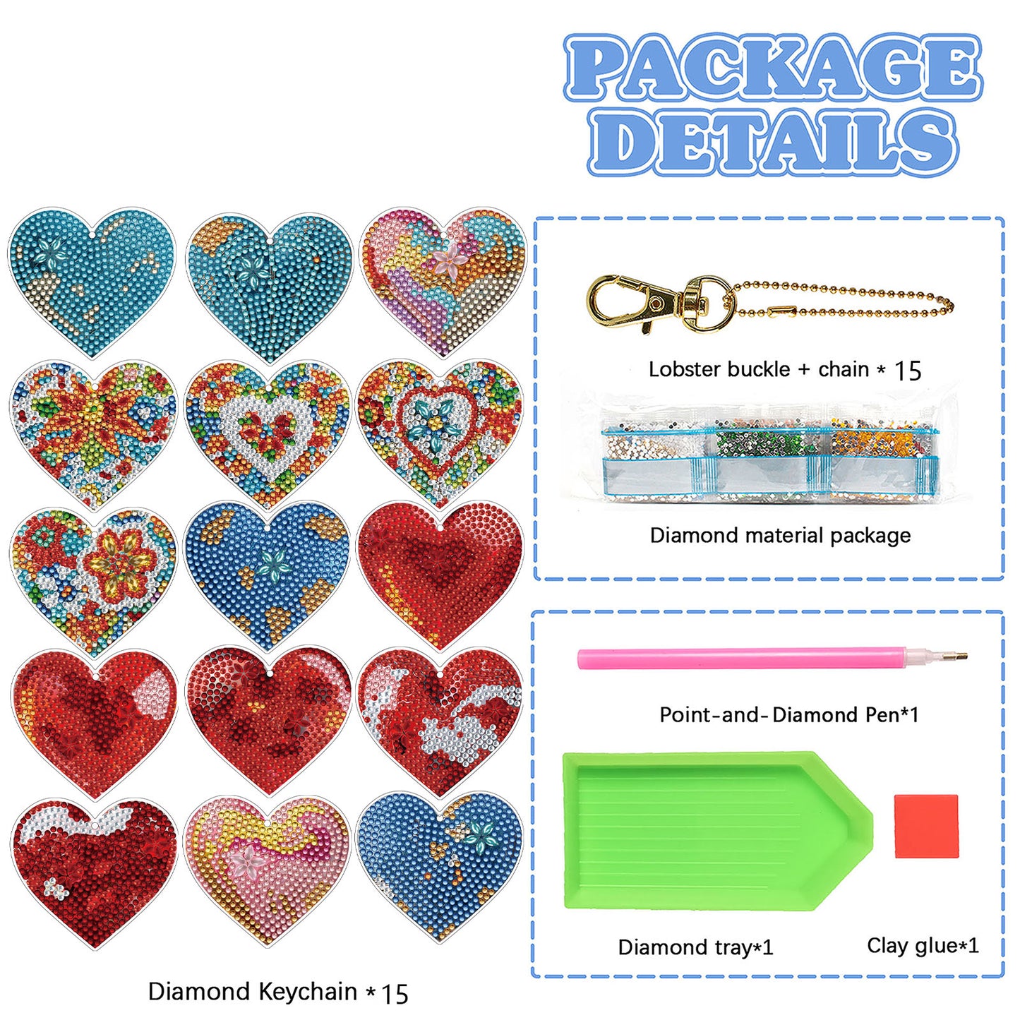 15Pcs Heart DiY Double-Sided Diamond Art Keychain Ornaments Party Crafts Decor
