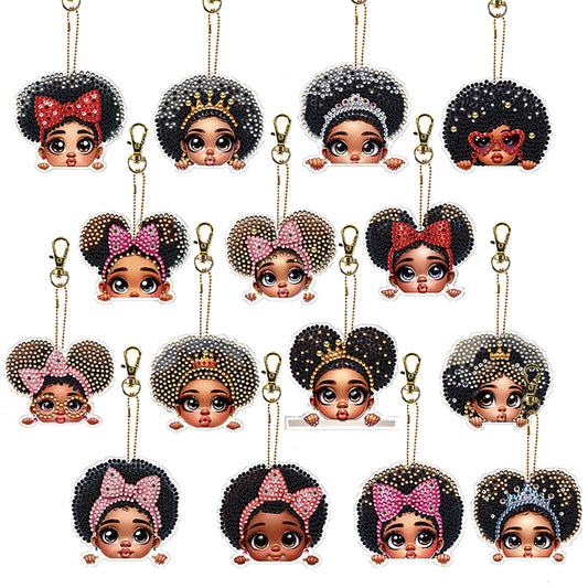 15Pcs Black Girl DiY Double-Sided Diamond Art Keychain Ornaments Party Decor