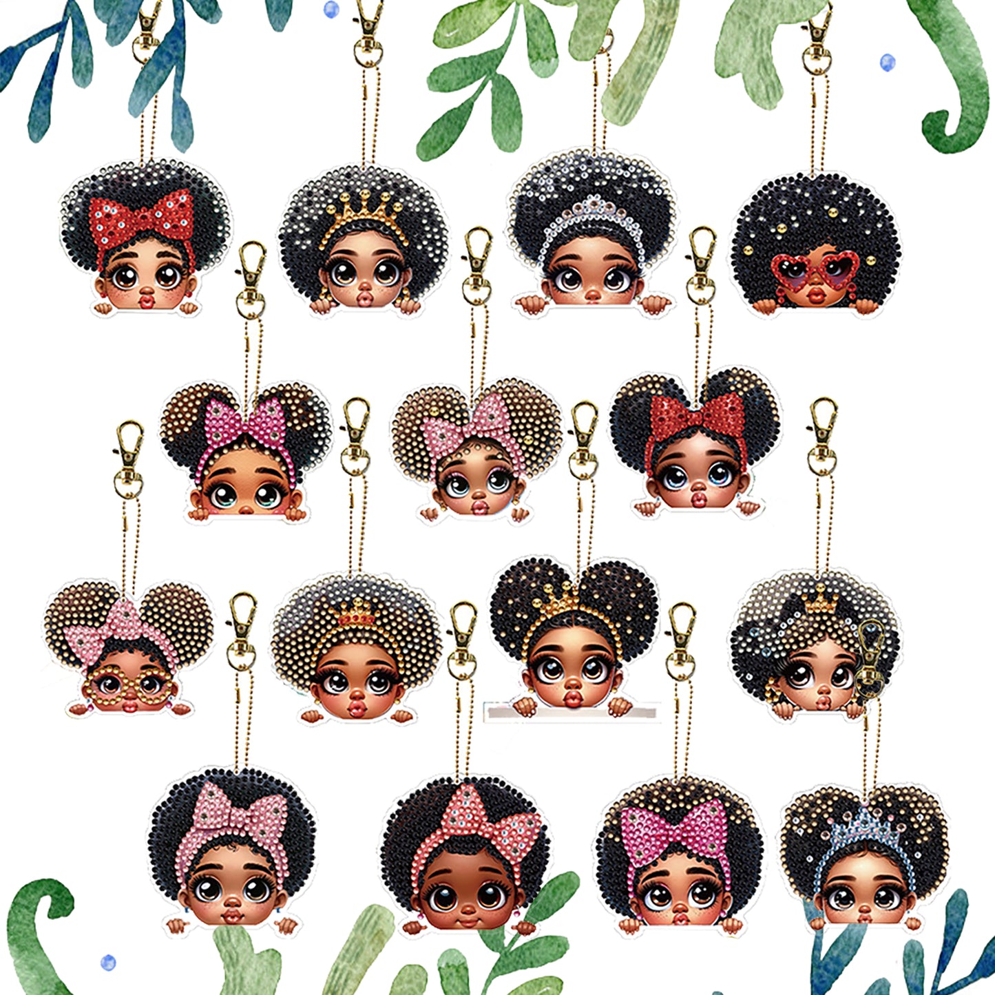 15Pcs Black Girl DiY Double-Sided Diamond Art Keychain Ornaments Party Decor