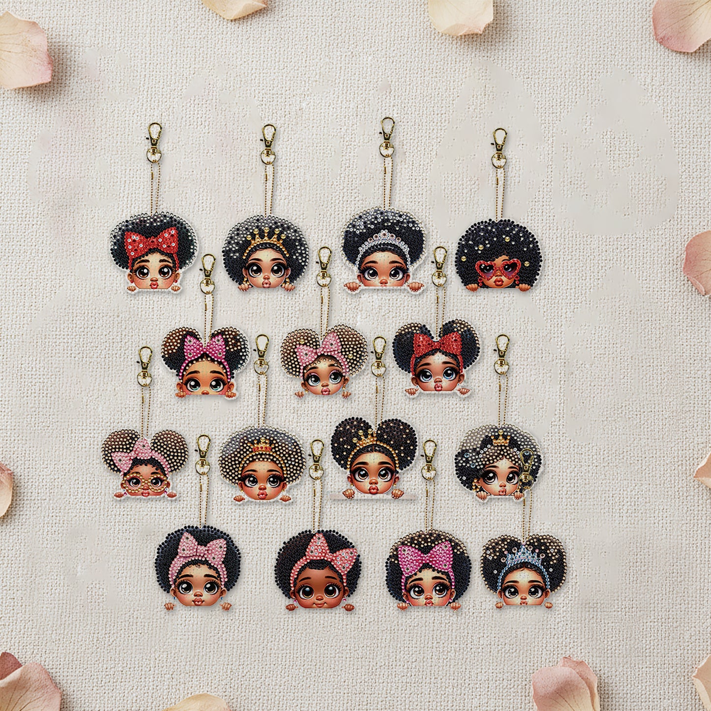 15Pcs Black Girl DiY Double-Sided Diamond Art Keychain Ornaments Party Decor