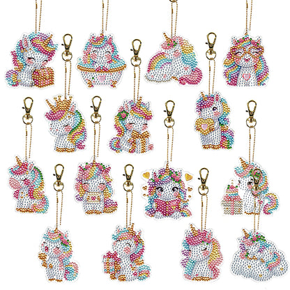 15Pcs Unicorn DiY Double-Sided Diamond Art Keychain Ornaments Party Crafts Decor