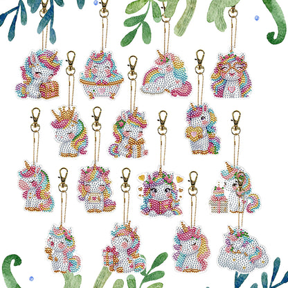 15Pcs Unicorn DiY Double-Sided Diamond Art Keychain Ornaments Party Crafts Decor
