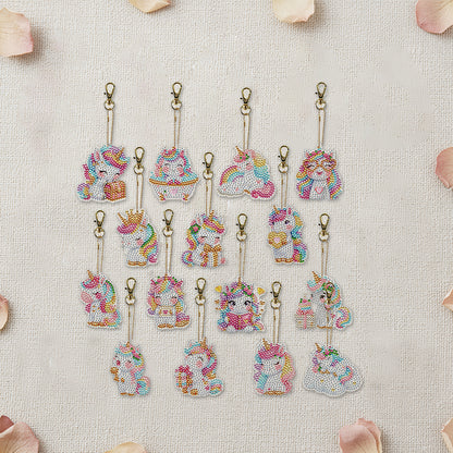 15Pcs Unicorn DiY Double-Sided Diamond Art Keychain Ornaments Party Crafts Decor
