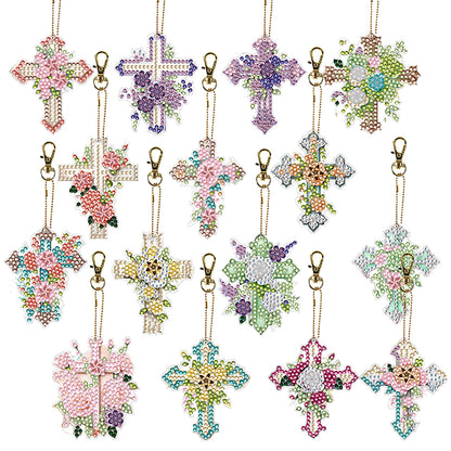 15Pcs Cross DiY Double-Sided Diamond Art Keychain Ornaments Party Crafts Decor
