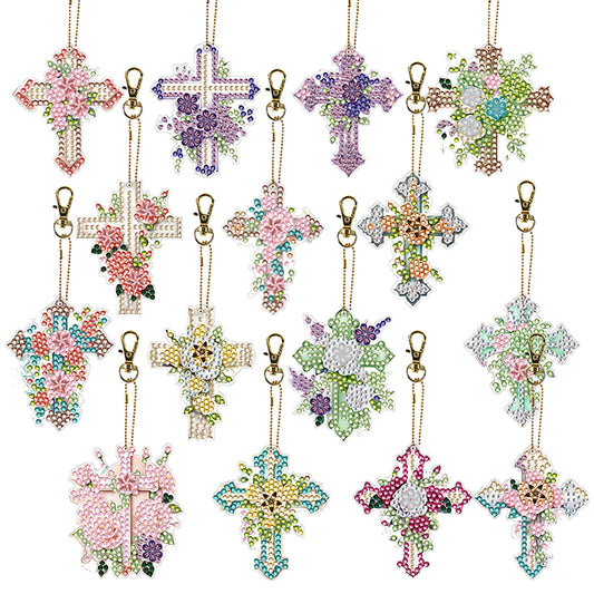 15Pcs Cross DiY Double-Sided Diamond Art Keychain Ornaments Party Crafts Decor