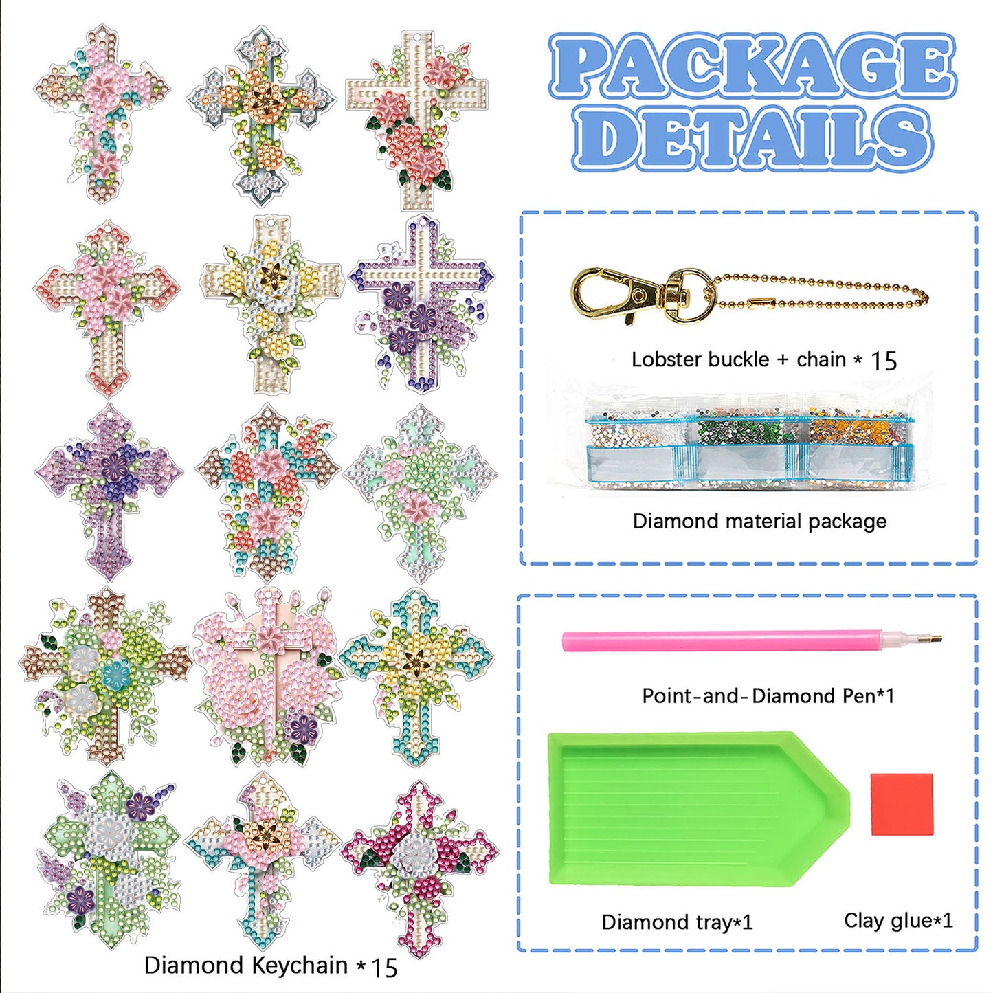 15Pcs Cross DiY Double-Sided Diamond Art Keychain Ornaments Party Crafts Decor