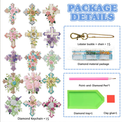 15Pcs Cross DiY Double-Sided Diamond Art Keychain Ornaments Party Crafts Decor
