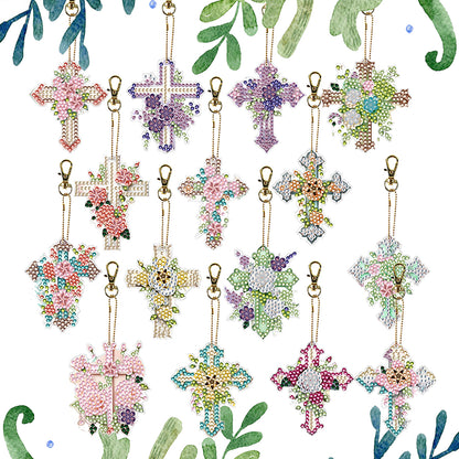 15Pcs Cross DiY Double-Sided Diamond Art Keychain Ornaments Party Crafts Decor
