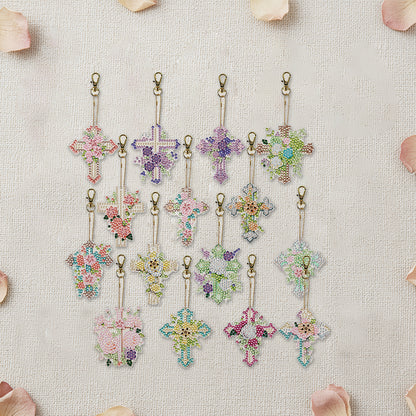 15Pcs Cross DiY Double-Sided Diamond Art Keychain Ornaments Party Crafts Decor