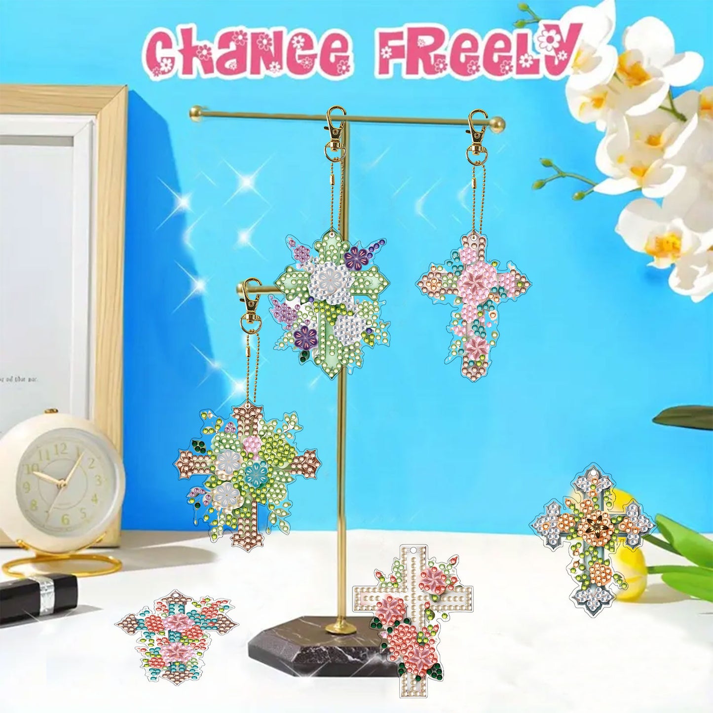 15Pcs Cross DiY Double-Sided Diamond Art Keychain Ornaments Party Crafts Decor