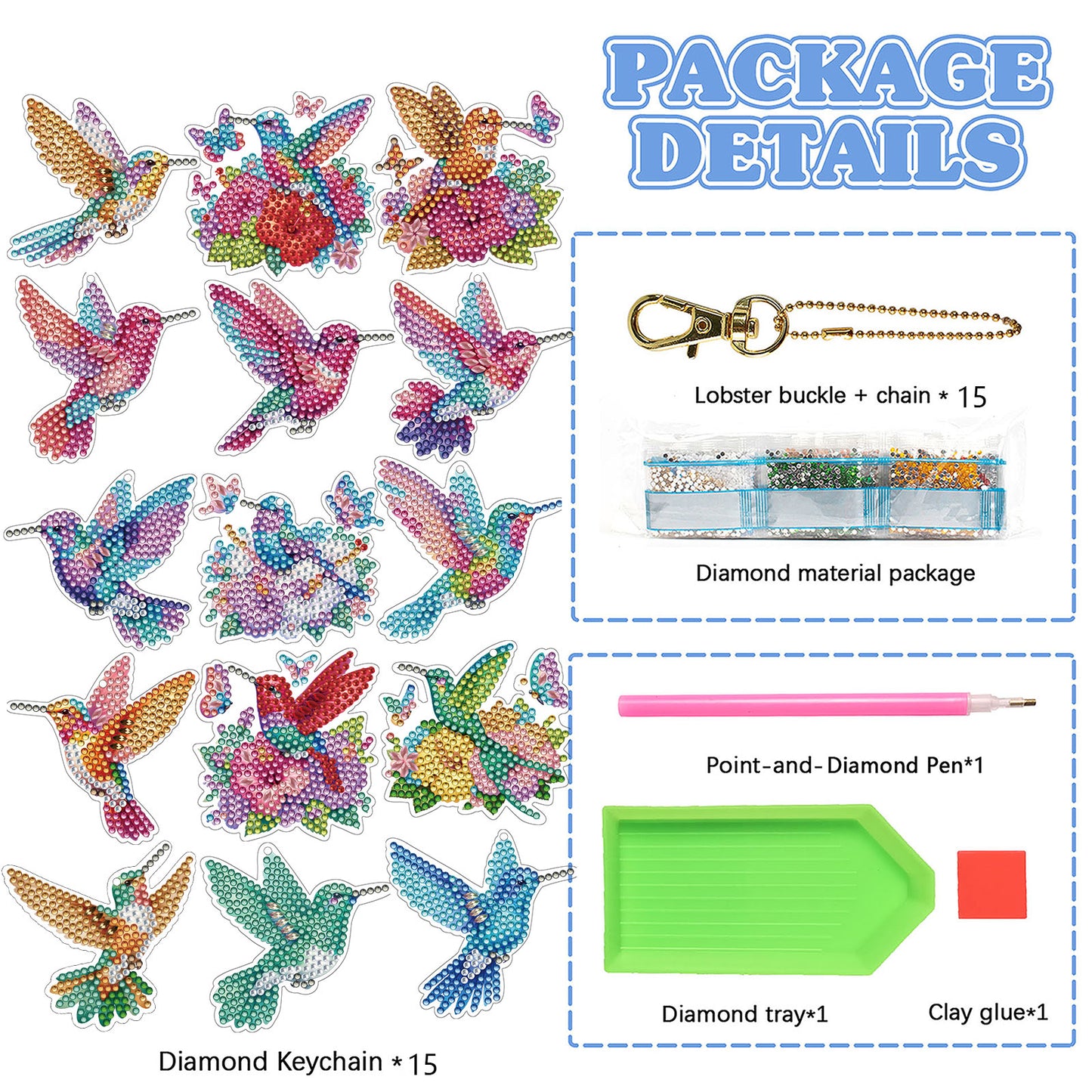 15Pcs Hummingbird DiY Double-Sided Diamond Art Keychain Ornaments Party Decor