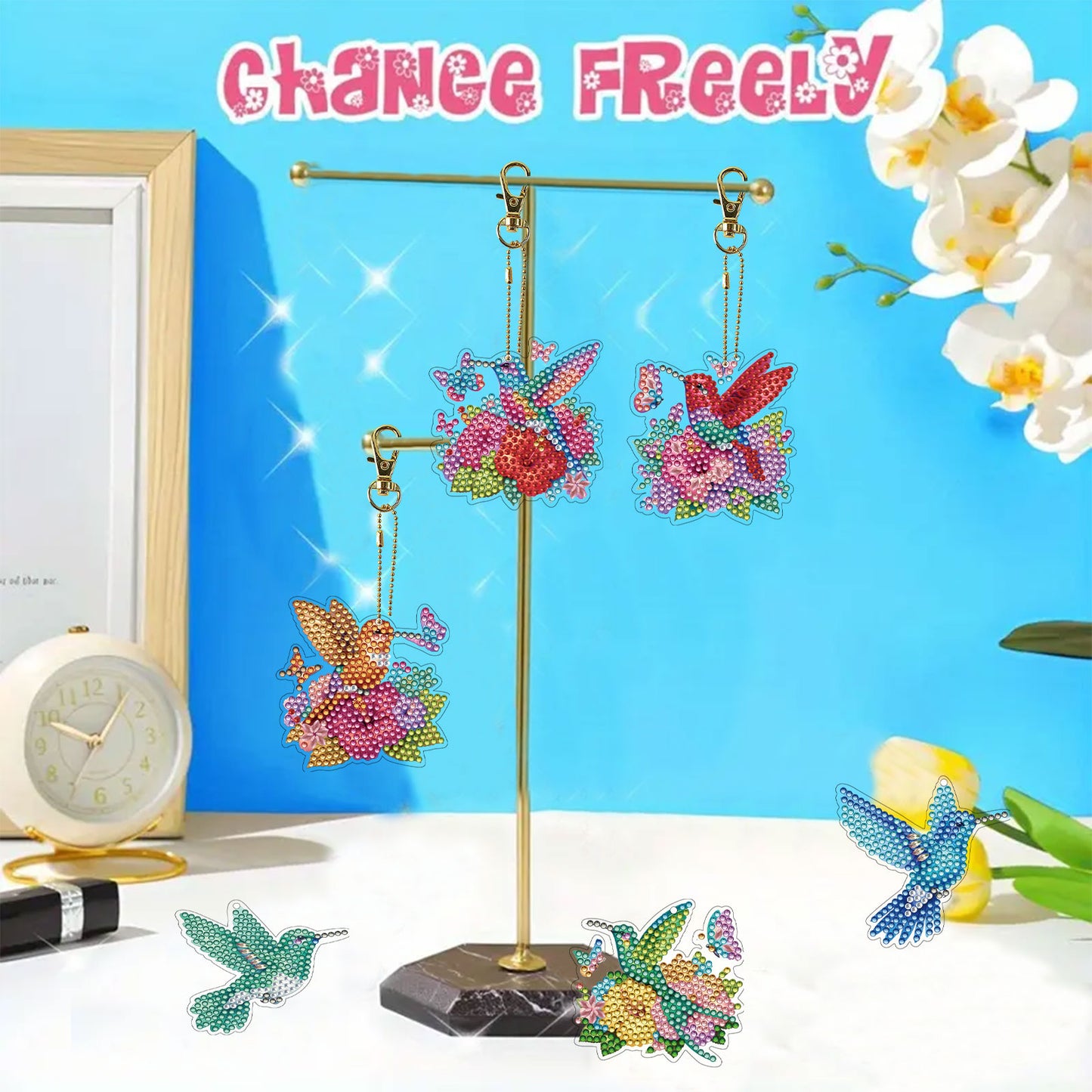 15Pcs Hummingbird DiY Double-Sided Diamond Art Keychain Ornaments Party Decor