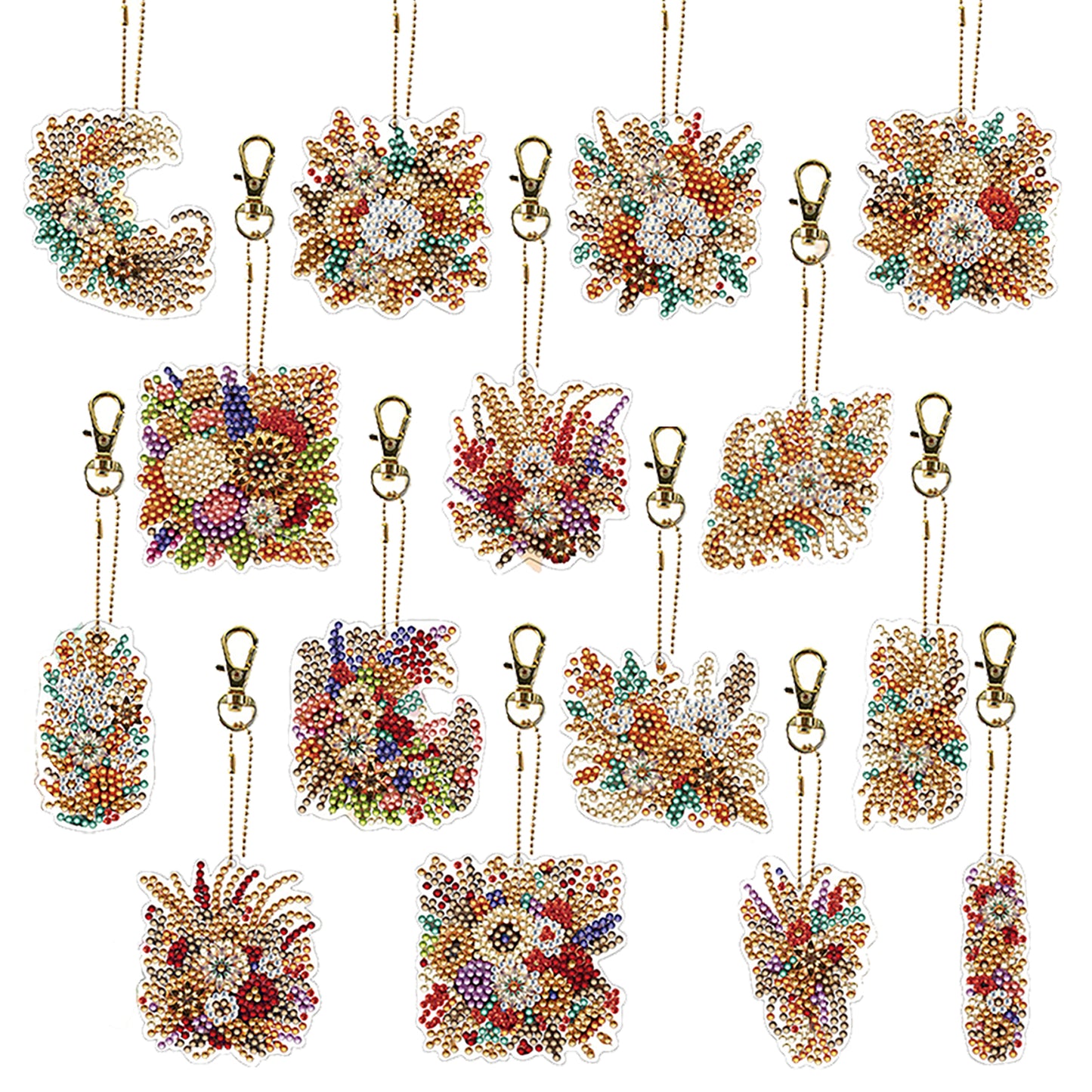 15Pcs Golden Flower DiY Double-Sided Diamond Art Keychain Ornaments Party Decor