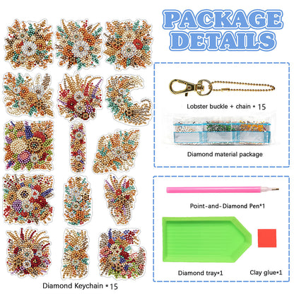 15Pcs Golden Flower DiY Double-Sided Diamond Art Keychain Ornaments Party Decor