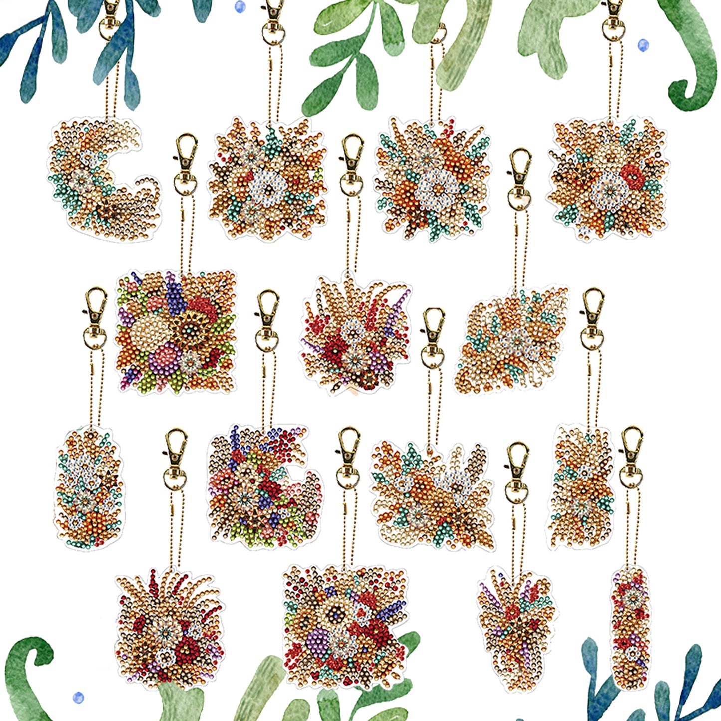 15Pcs Golden Flower DiY Double-Sided Diamond Art Keychain Ornaments Party Decor