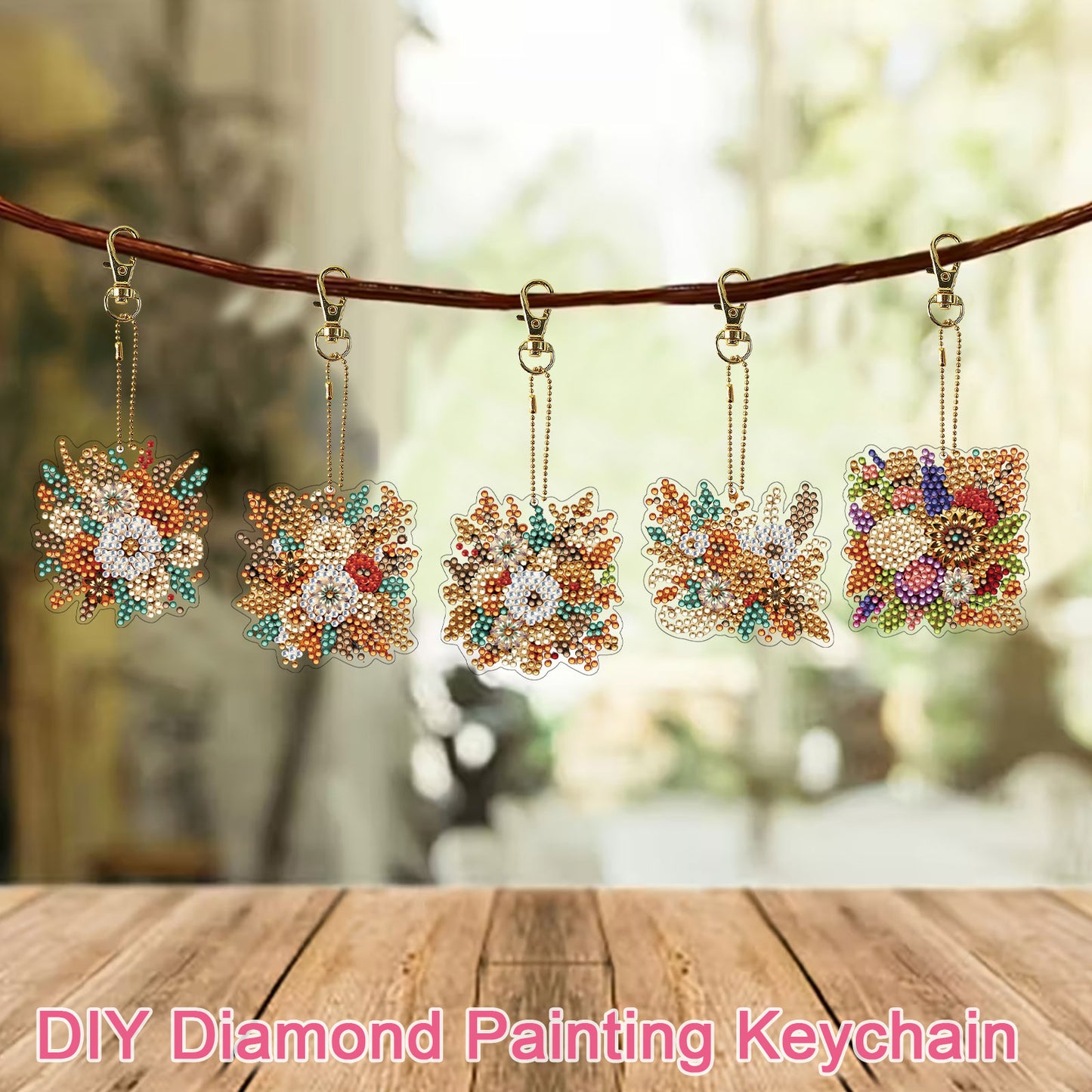 15Pcs Golden Flower DiY Double-Sided Diamond Art Keychain Ornaments Party Decor