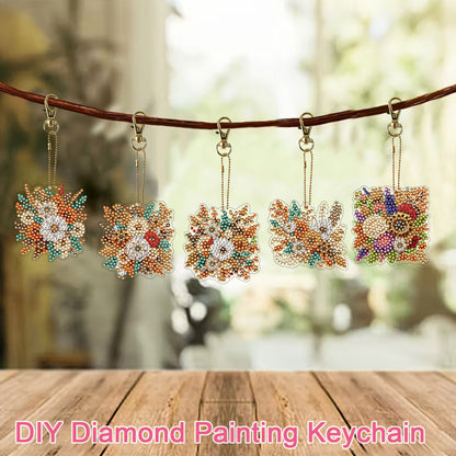 15Pcs Golden Flower DiY Double-Sided Diamond Art Keychain Ornaments Party Decor