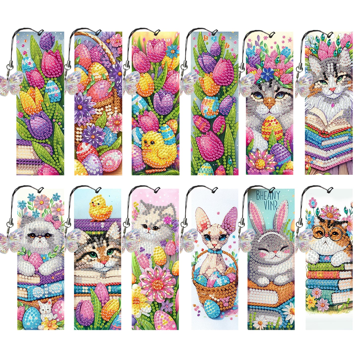 12Pcs Easter Cats DIY Diamond Art Painting Bookmark for Reading Enthusiasts