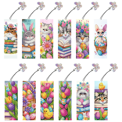 12Pcs Easter Cats DIY Diamond Art Painting Bookmark for Reading Enthusiasts
