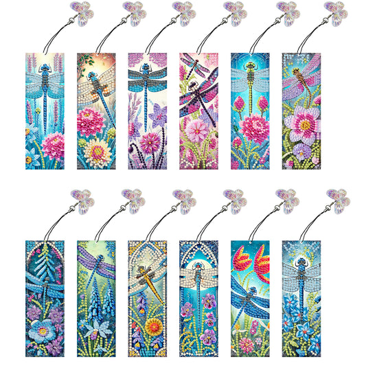 12Pcs Dragonflies Flowers DIY Diamond Art Painting Bookmark for Beginners Adult