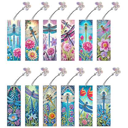 12Pcs Dragonflies Flowers DIY Diamond Art Painting Bookmark for Beginners Adult