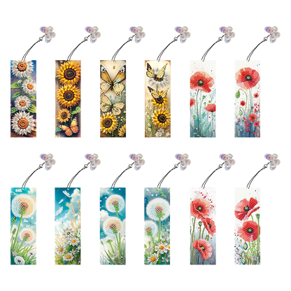 12Pcs Flowers DIY Diamond Art Painting Bookmark for Reading Enthusiasts