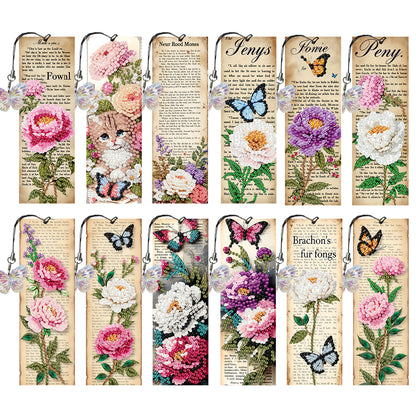 12Pcs Flowers Words DIY Diamond Art Painting Bookmark for Reading Enthusiasts