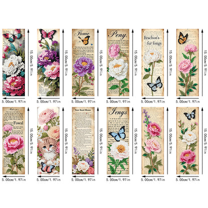 12Pcs Flowers Words DIY Diamond Art Painting Bookmark for Reading Enthusiasts