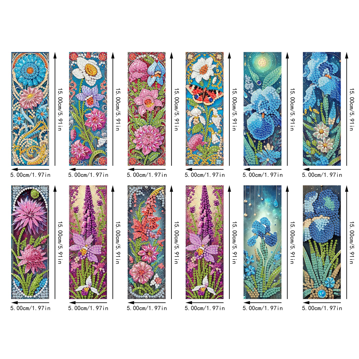 12Pcs Fresh Flowers DIY Diamond Art Painting Bookmark for Reading Enthusiasts