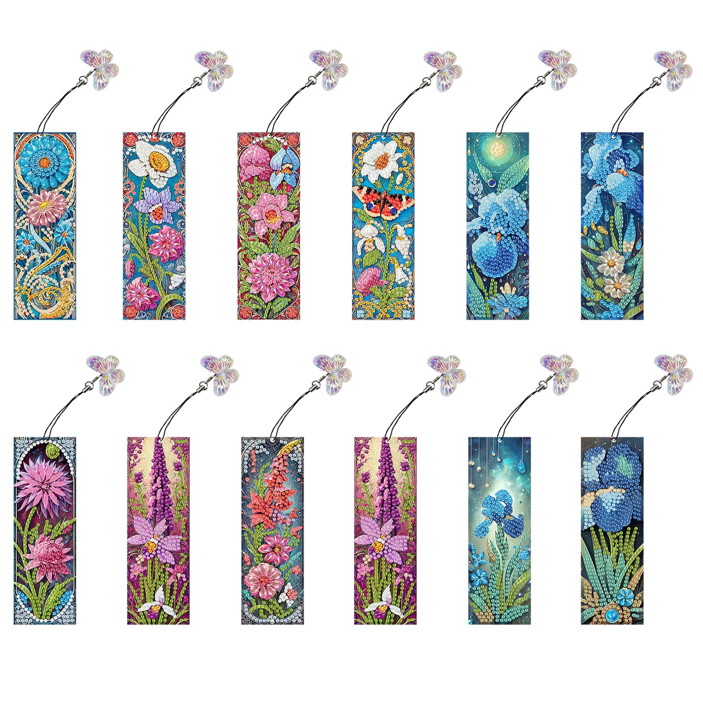 12Pcs Fresh Flowers DIY Diamond Art Painting Bookmark for Reading Enthusiasts