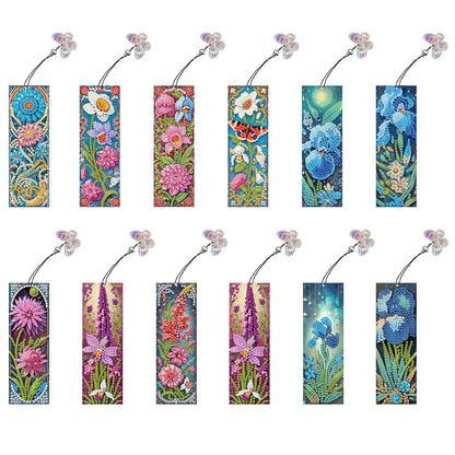 12Pcs Fresh Flowers DIY Diamond Art Painting Bookmark for Reading Enthusiasts