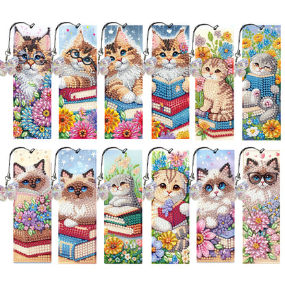 12Pcs Cats Books DIY Diamond Art Painting Bookmark for Reading Enthusiasts