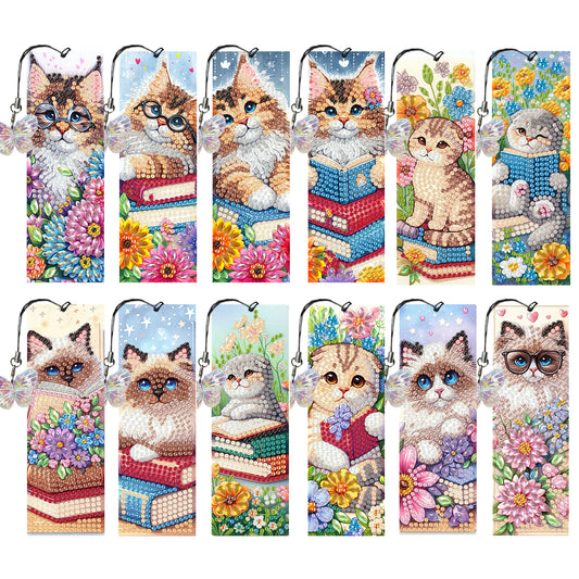 12Pcs Cats Books DIY Diamond Art Painting Bookmark for Reading Enthusiasts
