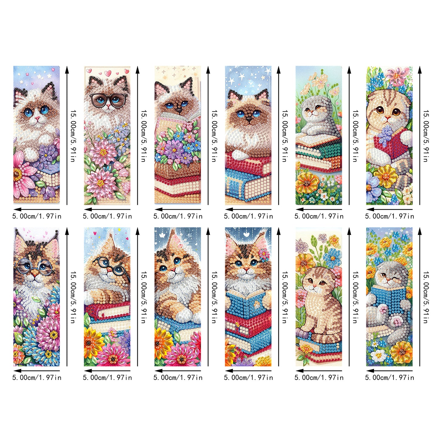 12Pcs Cats Books DIY Diamond Art Painting Bookmark for Reading Enthusiasts