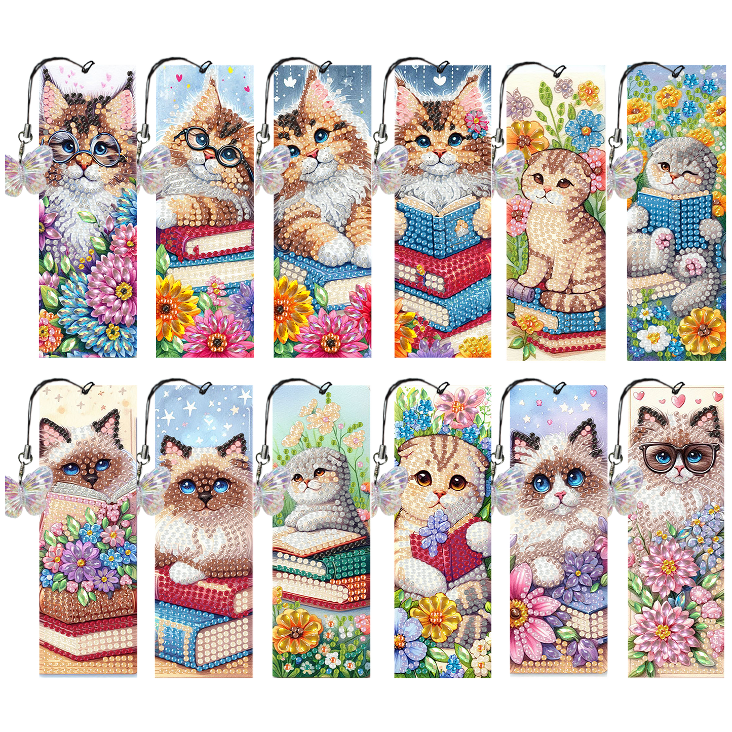 12Pcs Cats Books DIY Diamond Art Painting Bookmark for Reading Enthusiasts